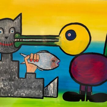 Painting titled "Vogel beißt Katze .…" by Michael Henning, Original Artwork, Acrylic