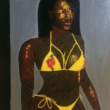Peinture intitulée "Flower on a yellow…" par Michael Annan, Œuvre d'art originale, Acrylique
