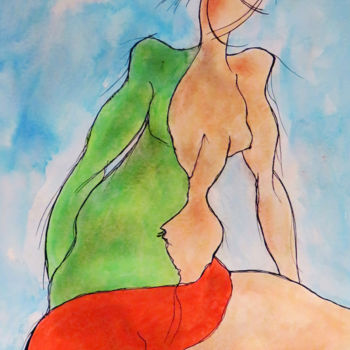 Painting titled "Lady in Red" by Michael Lawrence, Original Artwork, Ink Mounted on Cardboard