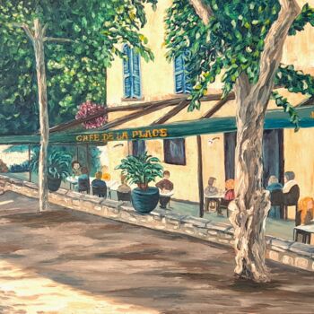 Painting titled "Café de la place, S…" by Michael Le Lann, Original Artwork, Oil Mounted on Wood Stretcher frame