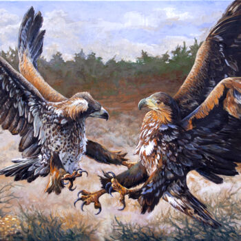 Painting titled "Young eagles" by Michael Nowakowski, Original Artwork, Oil Mounted on Wood Stretcher frame