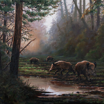 Painting titled "Forest waterhole" by Michael Nowakowski, Original Artwork, Oil Mounted on Wood Stretcher frame