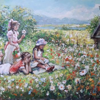 Картина под названием "Among the Flowers" - Michael Slutsker, Подлинное произведение искусства, Масло