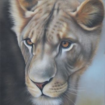 Peinture intitulée "La Lionne à l'affut" par Christian Michaut, Œuvre d'art originale, Huile