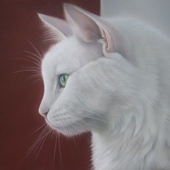 Peinture intitulée "Mac, le Chat Blanc…" par Christian Michaut, Œuvre d'art originale, Huile