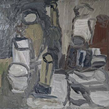 Painting titled "Nature morte grise" by Michel Aubert, Original Artwork, Oil Mounted on Wood Stretcher frame