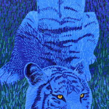 Collages intitulée "tigre bleu" par Michel Belloin, Œuvre d'art originale
