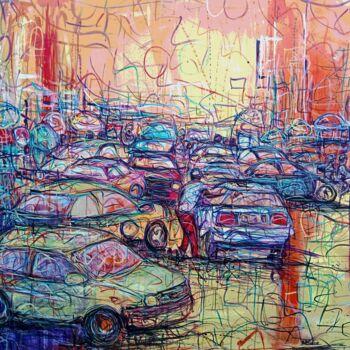 Painting titled "Dans les bouchons" by Michel Bertrand Atou Onana (Atouloo), Original Artwork, Acrylic Mounted on Wood Stret…