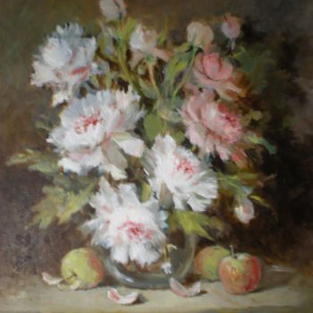 Peinture intitulée "Vase de pivoines" par Michel Braud, Œuvre d'art originale