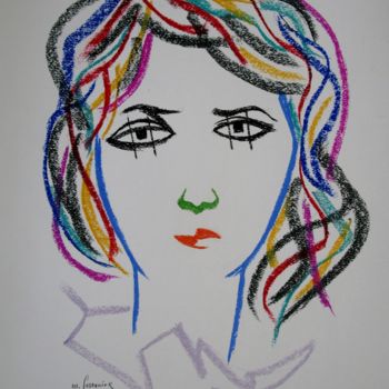 Drawing titled "Portrait féminin" by Michel Castanier, Original Artwork, Pastel