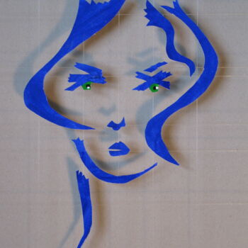 Collages titled "Visage bleu" by Michel Castanier, Original Artwork, Acrylic Mounted on Cardboard