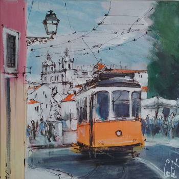 Pintura titulada "Le Tramway à Lisbon…" por Michel Castel, Obra de arte original, Acrílico