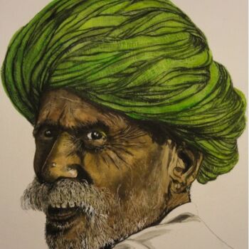 Peinture intitulée "TURBAN VERT" par Michel Cendra-Terrassa, Œuvre d'art originale