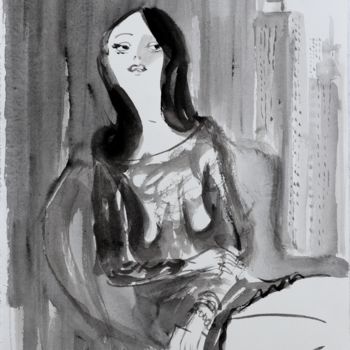 Pittura intitolato "Portrait de femme à…" da Michel Charrier, Opera d'arte originale, Tempera