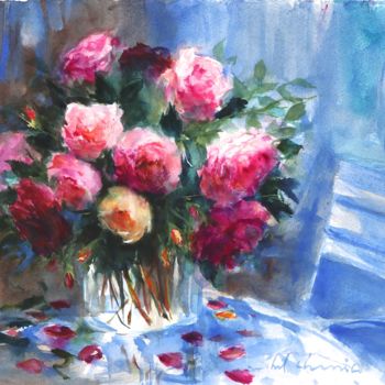Painting titled "Bouquet de roses an…" by Michel Charrier, Original Artwork, Watercolor