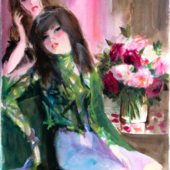 Картина под названием "Elle et son amie Ch…" - Michel Charrier, Подлинное произведение искусства, Акварель