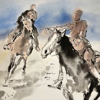 Drawing titled "deux cavaliers en c…" by Michel Colin, Original Artwork, Ink