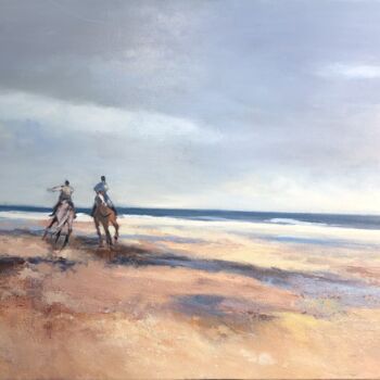 Painting titled "galop sur la plage" by Michel Colin, Original Artwork, Oil Mounted on Wood Stretcher frame