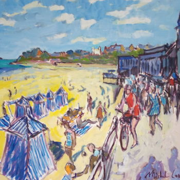 Painting titled "Cabines de Plage" by Michel Corbel, Original Artwork, Oil Mounted on Wood Stretcher frame