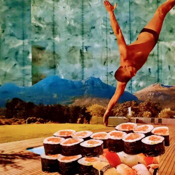 Collages getiteld "sushi" door Michel Goldberg, Origineel Kunstwerk, Collages Gemonteerd op Karton