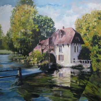 Painting titled "Moulin de fourges" by Michel Lacroix, Original Artwork, Oil Mounted on Wood Stretcher frame