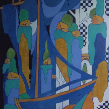 Pintura intitulada "le bateau bleu" por Michel Marant, Obras de arte originais, Acrílico