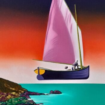 Painting titled "la barque ailée" by Michel Pezeril, Original Artwork, Oil Mounted on Wood Stretcher frame