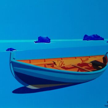 Painting titled "barque bleue" by Michel Pezeril, Original Artwork, Oil Mounted on Wood Stretcher frame