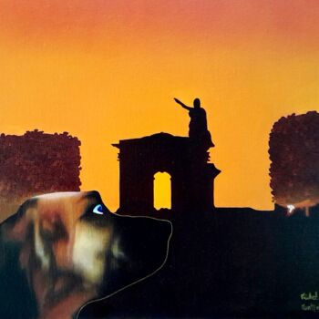 Peinture intitulée "le chien du Peyrou…" par Michel Pezeril, Œuvre d'art originale, Huile Monté sur Châssis en bois