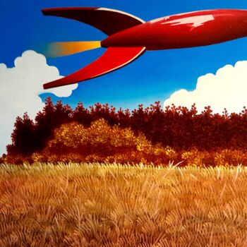 Peinture intitulée "Fusée rouge" par Michel Pezeril, Œuvre d'art originale, Huile Monté sur Châssis en bois