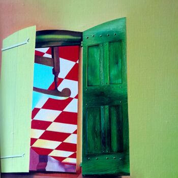 Painting titled "Maison damier" by Michel Pezeril, Original Artwork, Oil Mounted on Wood Stretcher frame