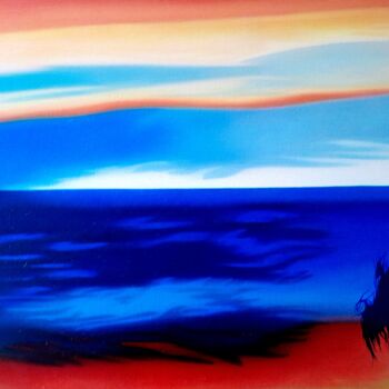 Painting titled "Paysage maritime" by Michel Pezeril, Original Artwork, Oil Mounted on Wood Stretcher frame
