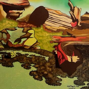 Painting titled "En forêt" by Michel Pezeril, Original Artwork, Oil Mounted on Wood Stretcher frame