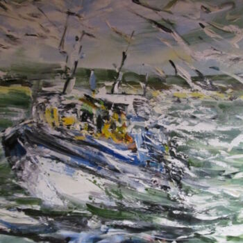 Painting titled "retour du chalutier" by Michel Rouillard, Original Artwork