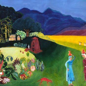 Painting titled "Rural India, ladies…" by Michel Testard, Original Artwork, Acrylic Mounted on Wood Panel