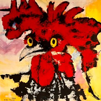 Painting titled "Coq 2022 el gallo" by Michel Thomas, Original Artwork, Oil Mounted on Wood Stretcher frame