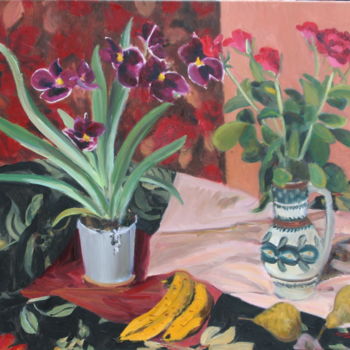 Painting titled "Orchidées et roses…" by Mth, Original Artwork, Oil