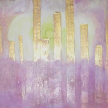 Painting titled "A City in Gold" by Michela Curtis, Original Artwork, Oil Mounted on Other rigid panel