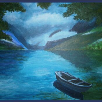Pittura intitolato "Lac de montagne ave…" da Michela Poulin, Opera d'arte originale, Acrilico Montato su Telaio per barella…