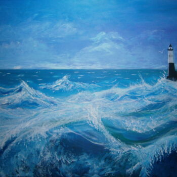 Painting titled "Mer agitée au phare" by Michela Poulin, Original Artwork, Acrylic Mounted on Wood Panel