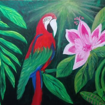 Pintura intitulada "Perroquet rouge" por Michela Poulin, Obras de arte originais, Acrílico