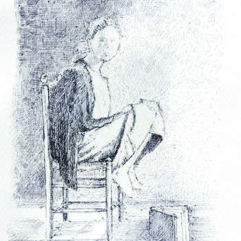 Drawing titled "Jeune fille à la ch…" by Michel Adam, Original Artwork, Ballpoint pen