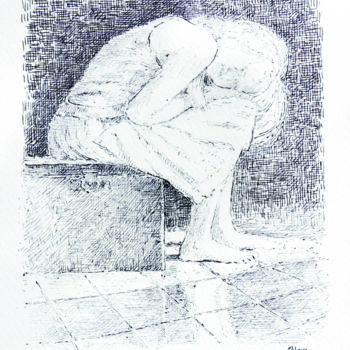 Рисунок под названием "Jeune fille au coff…" - Michel Adam, Подлинное произведение искусства, Шариковая ручка
