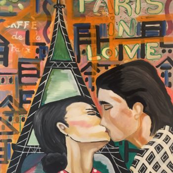 Schilderij getiteld "kissing in Paris" door Micky, Origineel Kunstwerk