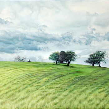 Painting titled "Collina Verde" by Michelangelo Rossi, Original Artwork, Oil Mounted on Wood Stretcher frame