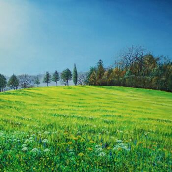Painting titled "Collina in Fiore" by Michelangelo Rossi, Original Artwork, Oil Mounted on Wood Stretcher frame