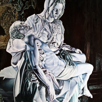 Painting titled "Pietà in Lilla" by Michelangelo Rossi, Original Artwork, Oil Mounted on Wood Stretcher frame