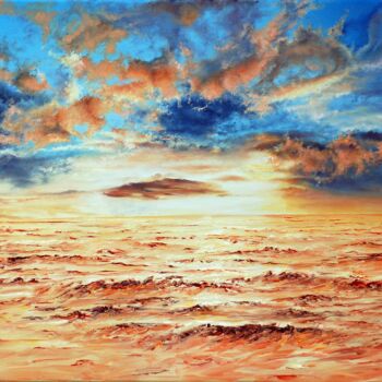 Painting titled "Tramonto sul Mare" by Michelangelo Rossi, Original Artwork, Oil Mounted on Wood Stretcher frame