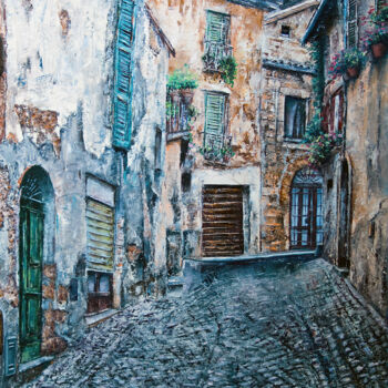 Painting titled "Vie di Orvieto" by Michelangelo Rossi, Original Artwork, Oil Mounted on Wood Stretcher frame