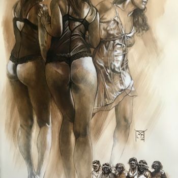 Drawing titled "3" by Michel Bona, Original Artwork, Ink Mounted on Wood Panel